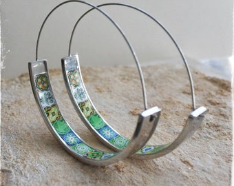 Hoops Earrings Atrio Tile Portugal Stainless Steel  Azulejo -  1.75"  Green Tiles USA Shipping  4.5cm Lightweight! NEW