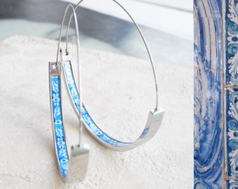 Hoops Atrio Earrings Tile STAINLESS STEEL Portugal Antique Azulejo Wire Flat Bottom University of Evora - Lightweight - 2"  Silver tone