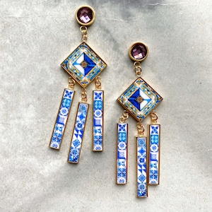 Atrio Fringe Earrings Tile Dangle Portugal Azulejo - Studs Hypo allergenic Stainless Steel  3&quot; Ships from USA