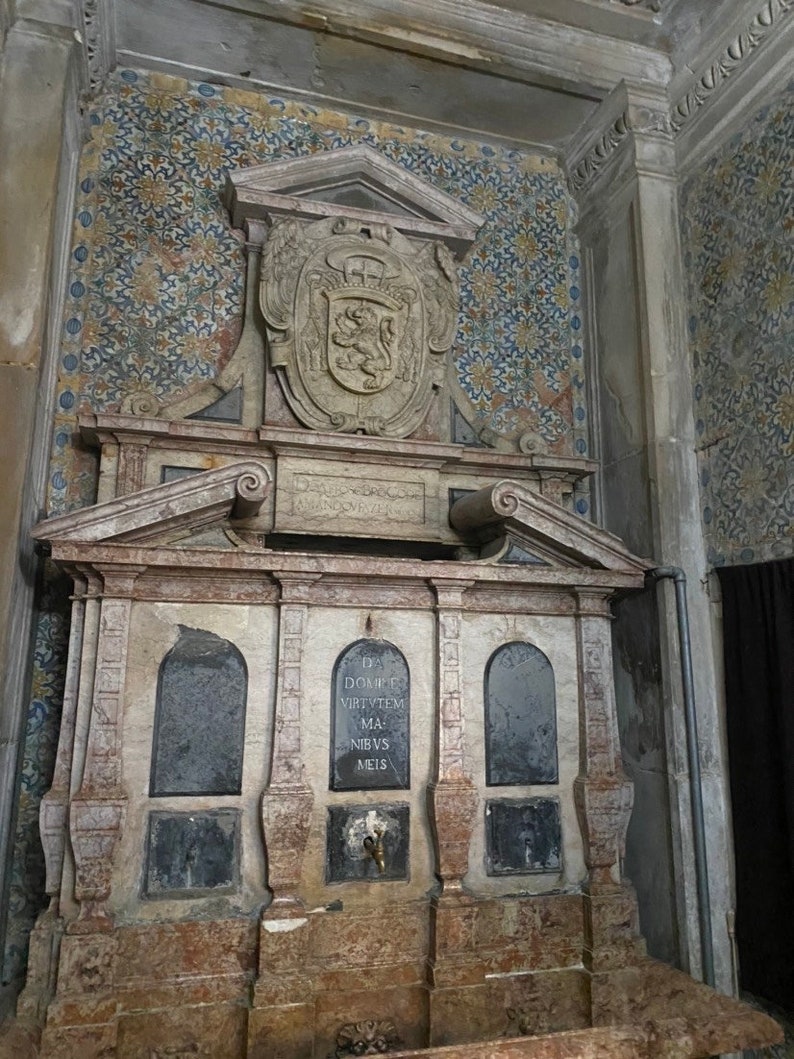 May include: A stone fountain with a carved coat of arms above it. The fountain has three arched openings and a spout in the center. The inscription on the fountain reads "DE DOMPE VIRTVTEM MA NIBVS MEIS".