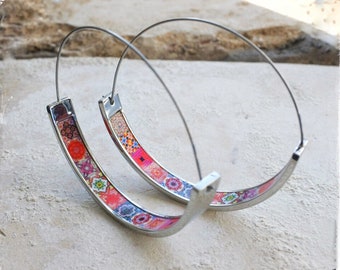 Hoops Earrings Atrio Tile Portugal Stainless Steel  Azulejo -  1.75"  Pink and Red Tiles USA Shipping  4.5cm Lightweight! NEW