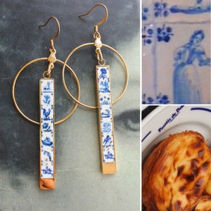 Atrio Earrings Circle Bar Matchstick Tiles Portugal Azulejo Delft Pasteis de Belem Minimal   3.20"  Ships from USA Stainless Steel 2 Options