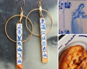 Atrio Earrings Circle Bar Matchstick Tiles Portugal Azulejo Delft Pasteis de Belem Minimal   3.20"  Ships from USA Stainless Steel 2 Options