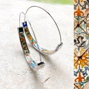 HOOP Earrings ATRIO Portugal Tile Antique Azulejo Pinterest CoIMBRA 1590  Stainless Steel 1.50” Gift Box Included Ships from USA Silver Tone