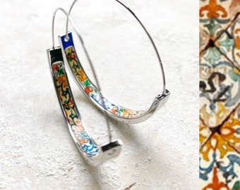 HOOP Earrings ATRIO Portugal Tile Antique Azulejo Pinterest CoIMBRA 1590  Stainless Steel 1.50” Gift Box Included Ships from USA Silver Tone