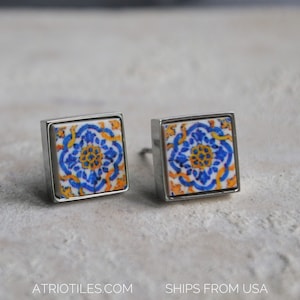 Stud Earrings Portugal Tile Ericeira Antique 17th century Azulejo Blue Gold SOLID Stainless Steel Hypo Allergenic    774  USA Shipping Small