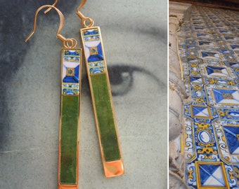 Atrio Earrings Tile Portugal Matchstick Bar Azulejo Arab 17th Century Tomar Church Diamond Point Emerald Green 2 options Sycamore Muted Moss