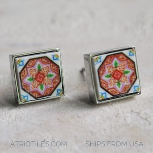 Stud Earrings Portugal Tile Atrio Pink Antique Azulejo SOLID Stainless Steel Esmoriz  (see photo) Gift Box Included - Ships from USA - SMALL