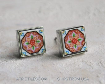 Stud Earrings Portugal Tile Atrio Pink Antique Azulejo SOLID Stainless Steel Esmoriz  (see photo) Gift Box Included - Ships from USA - SMALL