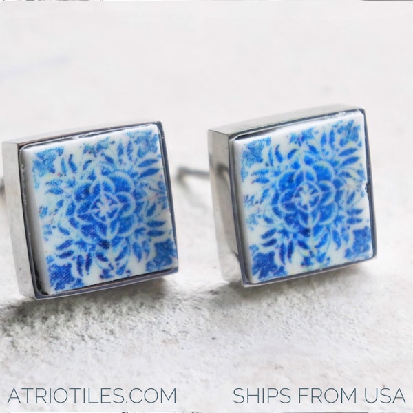 Stud Earrings Portugal Tile Atrio 16th Century Tomar Cloister Stainless Steel or Silver Convent of Christ built in 1160  Camellias 850