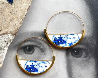 Atrio Hoop Earrings Japan Willow Spode Minton Delft Pottery Porcelain Chinoiserie  Asian  1.5" Ships from USA Stainless Steel Reversible