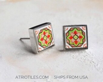Atrio Stud Earrings Portugal Tile Green Small SOLID Stainless Steel Posts Antique Azulejo Ovar  Ships from USA - Gift Box Included 623