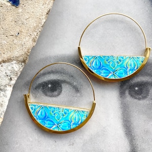 Hoop Earrings Atrio Portugal Tile Turquoise Azulejo Caldas da Rainha  Persian Tiles Gift Boxed SOLID Stainless Steel  Hypo Allergenic 1.50&quot;