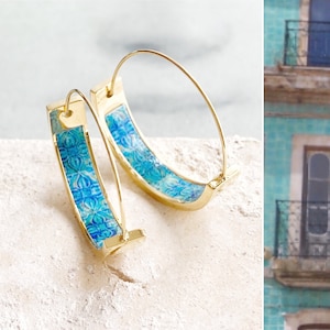Atrio Small Hoop Earrings Portugal Tile Turquoise Azulejo Caldas da Rainha Tiles Gift Boxed SOLID Stainless Steel  Hypo Allergenic 1"