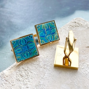 Atrio Cuff Links Portugal Tile Turquoise Post Azulejo Caldas da Rainha  Persian Tiles Gift Boxed Stainless Steel Gold or Silver Stainless