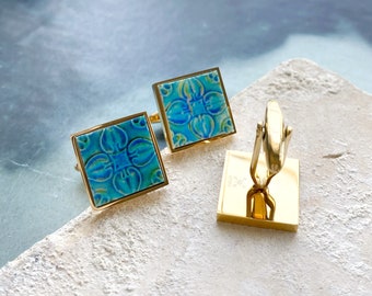 Atrio Cuff Links Portugal Tile Turquoise Post Azulejo Caldas da Rainha  Persian Tiles Gift Boxed Stainless Steel Gold or Silver Stainless