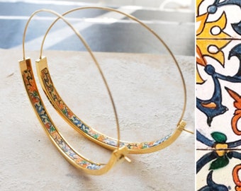 HOOP Earrings ATRIO Portugal Tile Antique Azulejo Delicate CoIMBRA 1590 - Gold Stainless Steel 2&quot; Gift Box Included - Ships from USA