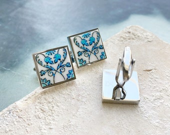 Atrio Cuff Links Blue Tile Portugal Antique Azulejo Ilhavo,  Blue Art Nouveau Wedding Gift Groom Gift for Him Gold or Silver Stainless