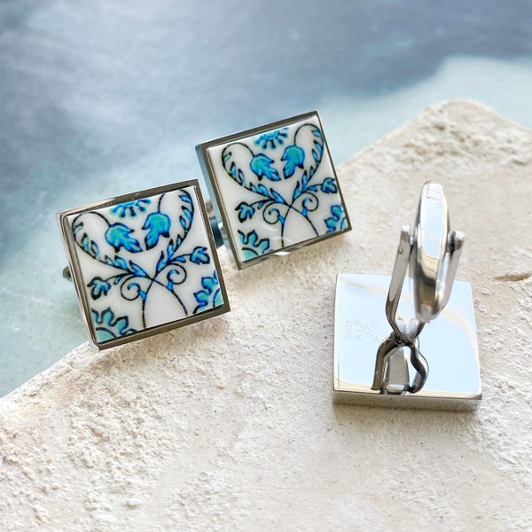 Atrio Cuff Links Blue Tile Portugal Antique Azulejo Ilhavo,  Blue Art Nouveau Wedding Gift Groom Gift for Him Gold or Silver Stainless