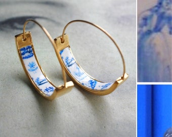 Hoop Earrings Tiles Atrio DELFT Portugal Azulejo 1" Stainless Steel Pasteis de Belem Minimal Flat Bottom Pinterest Ships from USA