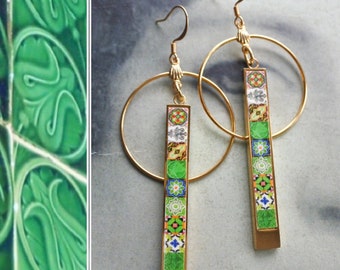 Green Earrings Bar Tile Circle Bar Matchstick Atrio Portugal Azulejo Antique Reversible Stainless Steel Lightweight Ships from USA 2 Options