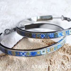 Hoops Earrings Atrio Tile Portugal Stainless Steel  Azulejo -  2"  Blue Gold 16 - 17th Century Tiles USA Shipping Silver Tone