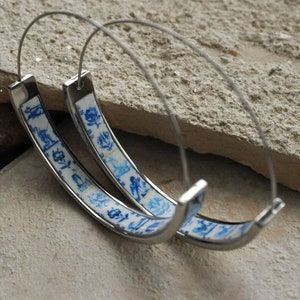 Hoops Atrio Earrings Tile Portugal Stainless Steel Flat Bottom Antique Azulejo 1.75" Delft Pasteis de Belem Minimal USA Shipping