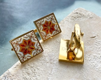 Cuff Links Atrio Portugal Brown Tile  Azulejo Ilhavo - Ships from USA - Gift box included Groom Gift for Him Gold or Silver Stainless