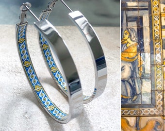 Hoop Atrio Earrings Portugal Tile Stainless Steel Pinterest Antique Azulejo 17th century Lisbon 2" 5 cm Gift Box Included  USA Shipping