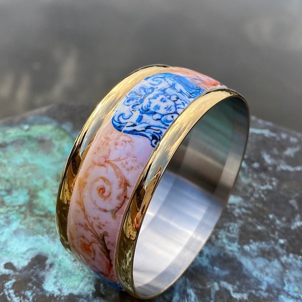 Atrio Bangle Estoril Vintage Palace Hotel Portugal Cuff Bracelet with Romantic Frescoes and Historic Tiles - Gold or Silver Stainless Steel