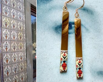 Atrio Earrings Bar Dipped Chipped Fragment Tiles Ovar  Majolica Stainless Steel Geometric Hypoallergenic Persian Vase Ships from USA 945