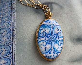 Atrio Necklace Blue Tile Majolica Delft Portuguese Tiles  University of Évora founded in 1559 14k Gold Filled or 925 Silver 24" Chain