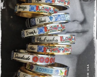 Personalized  BRACEleT Custom Bangle Stainless Steel Atrio Portugal Tile Grandma Mae Mom Mamã Avó Vovó Madrinha MADE TO ORDER Side Closure