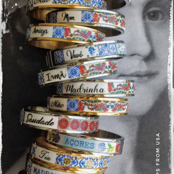 Personalisierte ARMBAND Benutzerdefinierte Armreif Edelstahl Atrio Portugal Tile Oma Mae Mom Mamâ Avó Vovó Madrinha MADE TO ORDER Side Closure