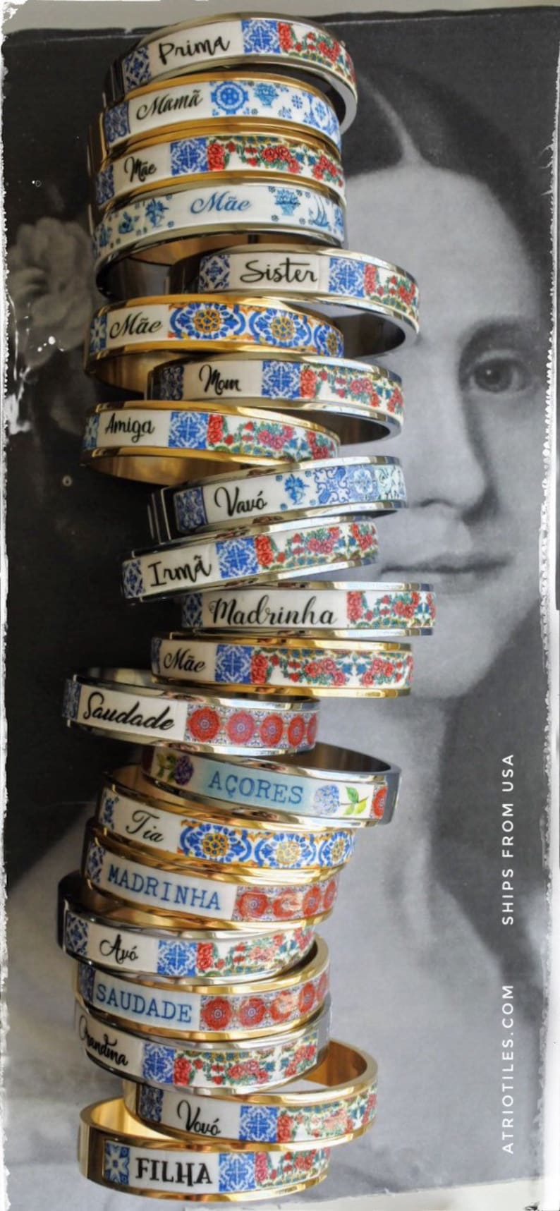 Personalized BRACEleT Custom Bangle Stainless Steel Atrio Portugal Tile Grandma Mae Mom Mamã Avó Vovó Madrinha MADE TO ORDER Side Closure image 1