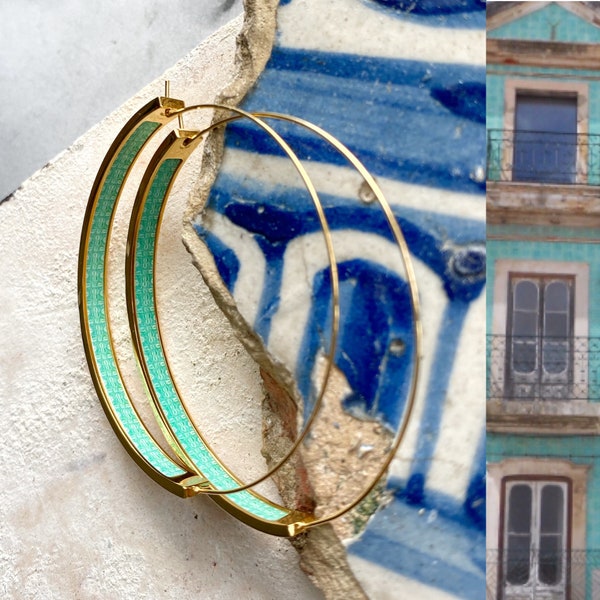 Atrio Flat Bottom Hoop Earrings Atrio Portugal Tile Turquoise Azulejo Caldas da Rainha Persian Gold Stainless Steel  Hypo Allergenic 2"