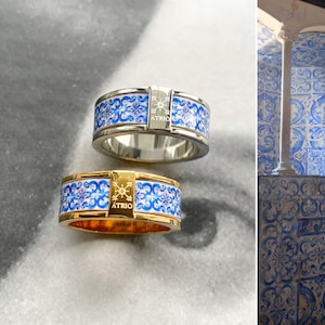 Atrio Tile Ring Portugal Portuguese Antique Azulejo  AVeIRO Santa Joana Convent 1458 USA Shipping Gold or Silver Tone Stainless Steel