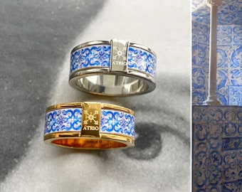 Atrio Tile Ring Portugal Portuguese Antique Azulejo  AVeIRO Santa Joana Convent 1458 USA Shipping Gold or Silver Tone Stainless Steel