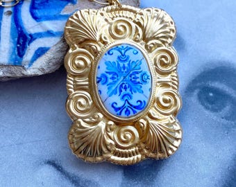 Atrio Necklace Blue Tile Portugal Antique Azulejo 24" 14k Gold Filled Chain Church of Mercy PORTO Ships from USA Reversible and Chunky
