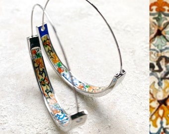 HOOP Earrings ATRIO Portugal Tile Antique Azulejo Pinterest CoIMBRA 1590  Stainless Steel 1.50” Gift Box Included Ships from USA Silver Tone