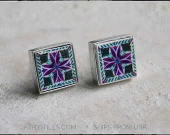 Stud Earrings Post Portugal Tile Purple Black Portuguese Azulejo SOLID Stainless Steel  USA Shipping  - Gift Box Included SMALL