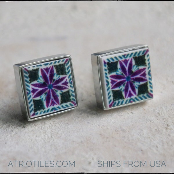 Stud Earrings Post Portugal Tile Purple Black Portuguese Azulejo SOLID Stainless Steel  USA Shipping  - Gift Box Included SMALL
