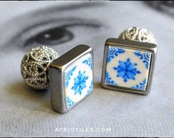 Double Earrings Front Back Portugal Tile Filigree Ball sits BEHIND earlobe Stainless Steel Post Azulejo - Cartaxo Blue - Gift Boxed
