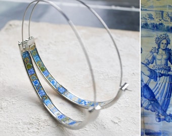 Hoops Atrio Earrings Tile STAINLESS STEEL Portugal Antique Azulejo Wire Flat Bottom Blue Gold Tiles  Lightweight - 2"  Silver Tone