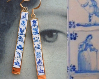 Earrings Matchstick Tiles Atrio Portugal Azulejo Delft Pasteis de Belem Minimal  - 2.5 " Stainless Steel Ships from USA 2 options