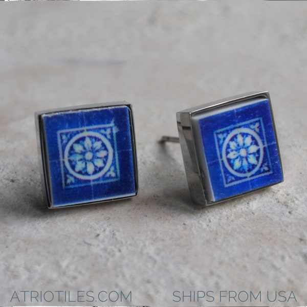 Stud Earrings Portugal Tile Antique Azulejo SOLID Stainless Steel - Gift Box Included - Cortegaça OVAR Portugal - Blue  SMALL