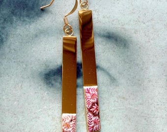 Atrio Earrings Red Tile Portugal Dipped Fragment Antique Azulejo Bar Earrings - Ovar Pink Gold Stainless Steel Ships from USA Gift for Her