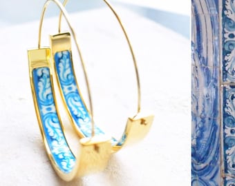Hoops Earrings Atrio Flat Bottom Tile Blue Stainless Steel Portugal Azulejo University Evora  Hidden Treasure 1.50"  USA Shipping