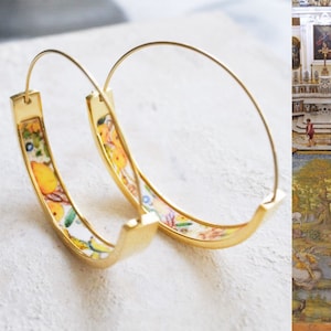 Atrio Hoops Earrings Capri Italy Italian  LEMONS Church of St. Michael Anacapri 1761 Maoilica Majolica 1.50&quot; Stainless Steel Hypoallergenic