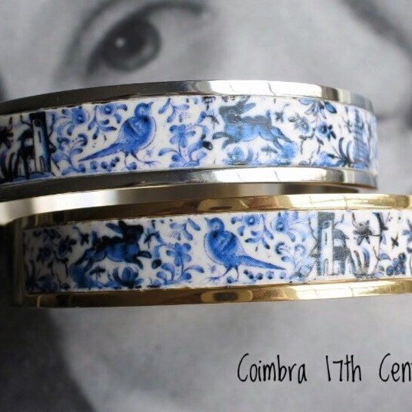 Bangle COIMBRA Portugal 17th BLUE Century Pottery Bracelet Ceramic DeeR  Ceramicas -  Stainless Steel Made to order Side Closure